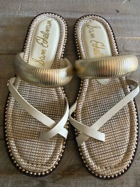 Sam Edelman Tillie Gold and Cream Beaded Slide Sandals